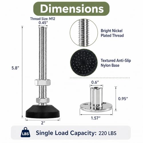 M12 Adjustable Leveling Feet, 4 Pack, 20° Swivel Base with T-Nuts - size: M12 | 5.8" Height | 2" Base | 220 lbs/Leg