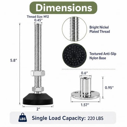 M12 Adjustable Leveling Feet, 4 Pack, 20° Swivel Base with T-Nuts - size: M12 | 5.8" Height | 2" Base | 220 lbs/Leg