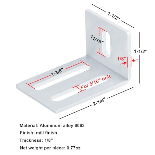 6 Pack Aluminum Angle Brackets,Double Slotted L Bracket,Slots for 5/16"Bolt