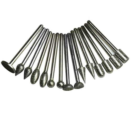 15Pcs Flat Cylinder,Bullet,Cone,Spherical,Concave,Round Flame,Reverse Half-Ball,Thin Disc,Multiple Diamond Burrs,6mm Head,1/8 3mm Shank,Sharpen Deburr Grind Bits for Glass Stones Shell - size: Multiple 15Pcs-1/4 haed-3mm shank