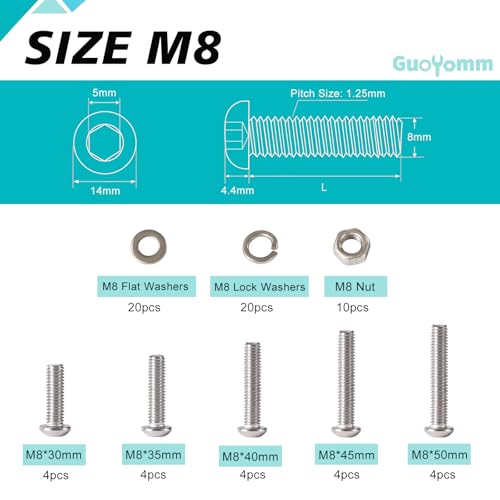 70 PCS M8 x 30mm 35mm 40mm 45mm 50mm, Button Head Socket Cap Screws Bolts Washers Nuts Assortment Kit, Stainless Steel 304, Metric Allen Hex Drive - size: Button M8x30/35/40/45/50 mm