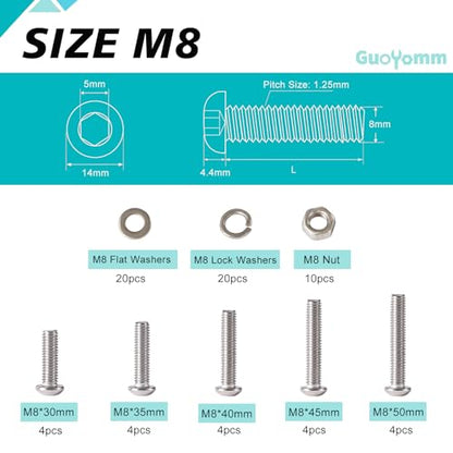 70 PCS M8 x 30mm 35mm 40mm 45mm 50mm, Button Head Socket Cap Screws Bolts Washers Nuts Assortment Kit, Stainless Steel 304, Metric Allen Hex Drive - size: Button M8x30/35/40/45/50 mm