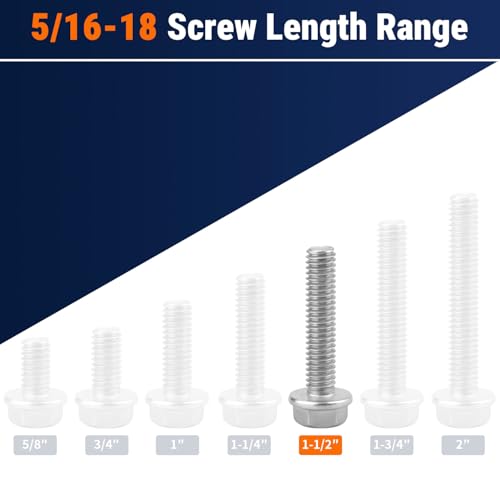 5/16-18 x 1-1/2" Flange Hex Bolts, 304 Stainless Steel 18-8, A2-70 Grade, Non-Serrated Flange Bolts for Automotive Repair, Fully Threaded, 12 Pcs - size: 5/16-18 x 1-1/2