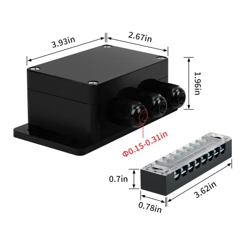 JINDOUZI ABS IP67 Waterproof Dustproof Electrical Junction Box, with 15A 600V Barrier Terminal Cable Connector, 1 in/3 Out Power Junction Box（3.93 * 2.67 * 1.96in） - size: 1T3 3.93" x 2.67" x 1.96"