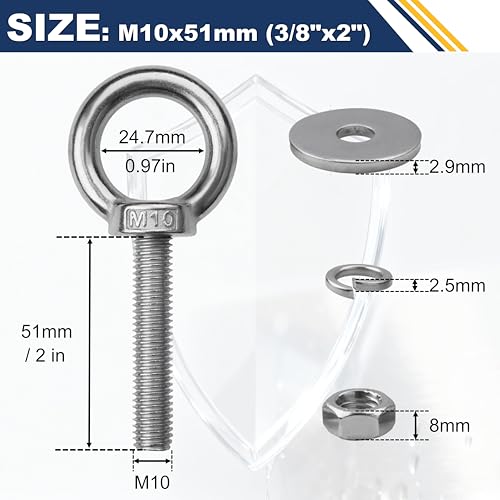 2 Pack M10 Stainless Steel Eye Bolts with Nuts, 3/8" x 2" Eye Bolts - size: M10x51mm (3/8"x2")