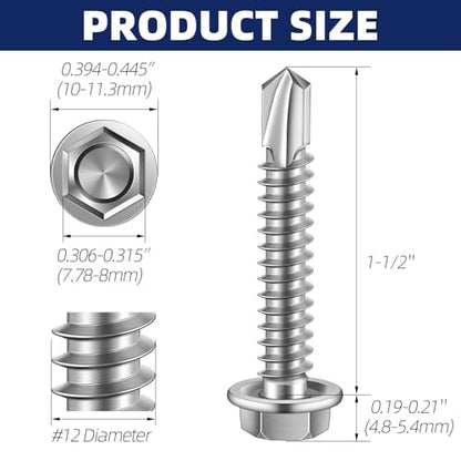 #12 x 1-1/2" Hex Washer Head Self Drilling Sheet Metal Screws with Drill Point, 410 Stainless Steel Self Tapping Screws for Metal, 50 PCS - color: Silver, size: #12 x 1-1/2"