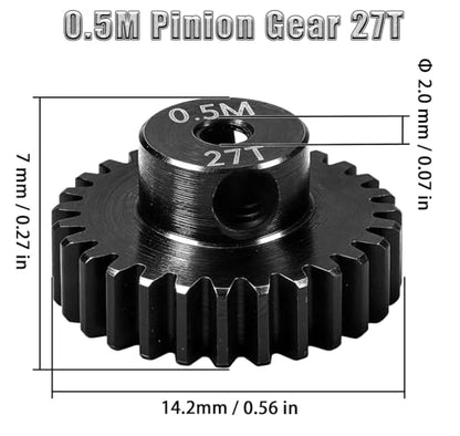 Hardened Steel 0.5M Pinion Gear 27T 2mm Shaft for RC Car/Helicopter Upgrade, Compatible with ARRMA 1/14 Typhoon 1/16 Mojave 1/18 Granite, Losi 1/12, 0.5Mod 13T-27T Gear for Brushed Brush-Less Motors - size: 27T