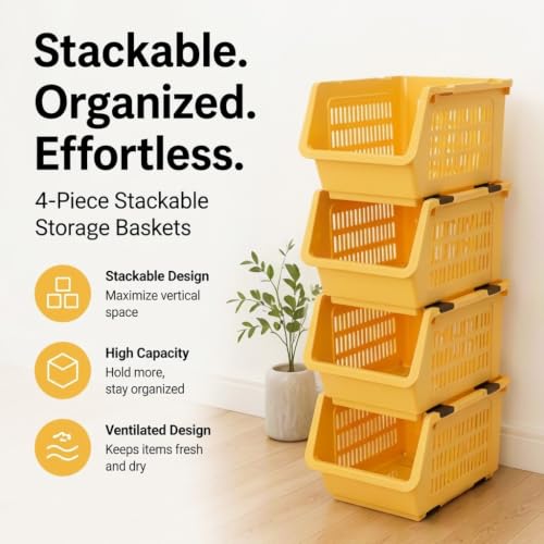 4 Pcs Open Front Stackable Storage Bins, PP Stacking Organizer Baskets with Rolling Wheels, Telescopic Buckles, Nestable, 38.58lbs Load - color: Yellow