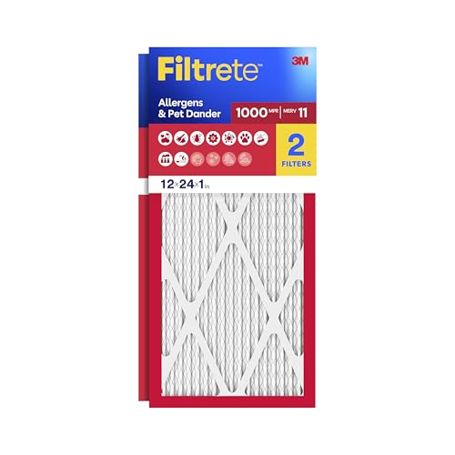 Filtrete 12x24x1 Air Filter, MERV 11, MPR 1000, Allergens & Pet Dander, 3-Month AC and Furnace Filters, Cleaner Air, Reliable Airflow, 2 HVAC Filters (Actual Size 11.68 x 23.68 x 0.81 in) - size: 12x24x1