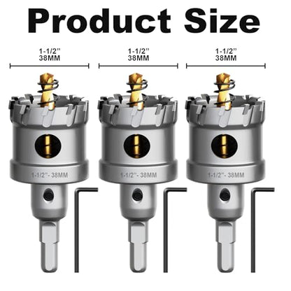 Metal Hole Saw 1-1/2" (38mm) 3Pcs Set Heavy Duty Tungsten Carbide Tipped Hole Cutters Set with L-flench, for Steel Iron,Aluminum,Stainless stell,Plastic - size: 1-1/2"(38mm)