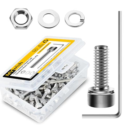 Mywish (100Sets) M4 Bolts, M4 x 10mm Socket Head Cap Screws Bolts, 304 Stainless Steel Allen Socket Hex Drive Screws, Bright Finish M4 Screw Kit with Nuts and Washers & Hex Spanner - size: M4 x 10mm