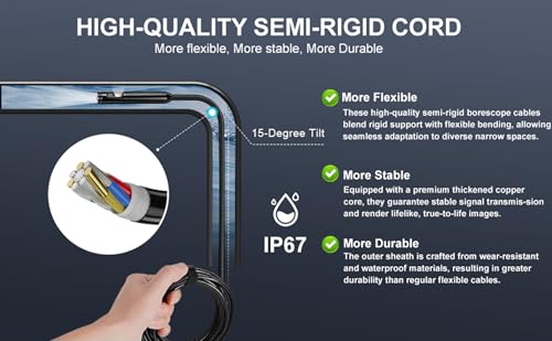 Dual-Lens Endoscope Camera with Light, POLEDY 1920P HD Borescope, 8 Adjustable LED Light, IP67 Waterproof, 16.4ft Snake Camera, Semi-Rigid Cable Inspection for Android, iOS - style: Dual Lens