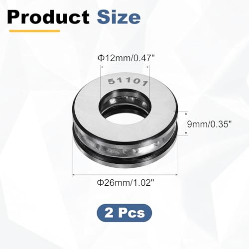 uxcell 2Pcs Thrust Ball Bearings, 12mm Bore 26mm OD 9mm Thick 51101 ABEC5 - size: 51101 12mm x 26mm x 9mm