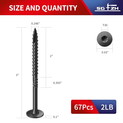 #14 x 3 Inch Outdoor Structural Wood Deck Screws (67Pcs/2lb), Carbon Steel, Black, Flat Head, Rust Resistant Epoxy Coated, T30 Star Bit - color: Black, size: #14 x 3"