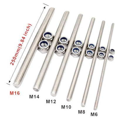 M16x250mm Threaded Rod 2 pcs 304 Stainless Steel Metric Fully - size: M16*250mm