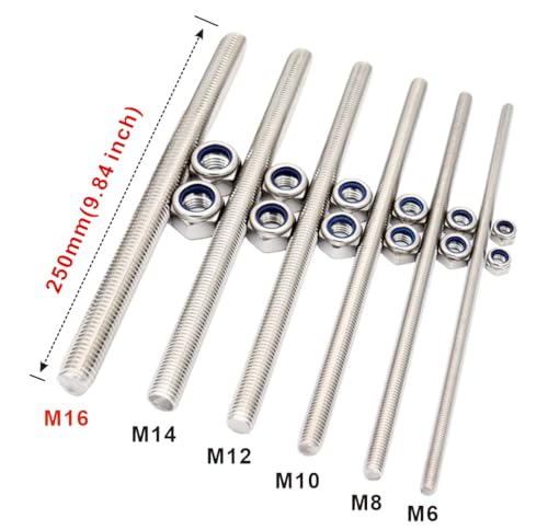 M16x250mm Threaded Rod 2 pcs 304 Stainless Steel Metric Fully - size: M16*250mm