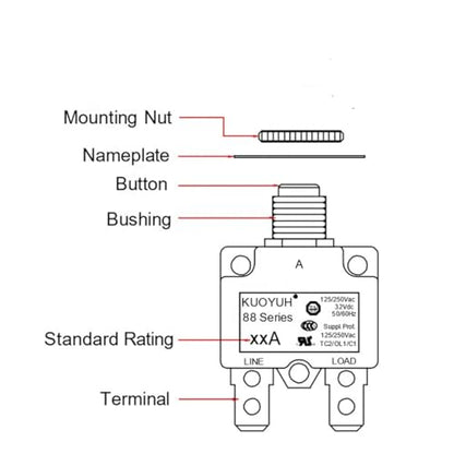 1pc KUOYUH 88 Series 125/250VAC 32VDC 50/60Hz Thermal Overload Circuit Breaker 3-30A (22A) - style: 22A