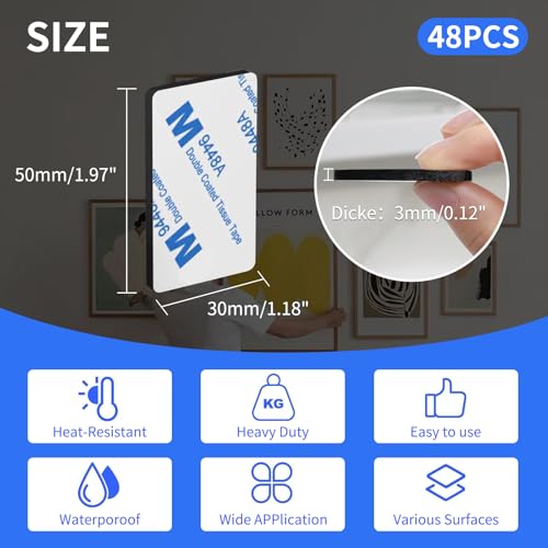 Double Sided Foam Tape, 3mm Thick 48Pcs Heavy Duty Waterproof Adhesive Pads for Wall, Car, Photo Frame & Office - color: Black