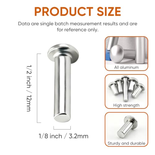 ALLCLEAN 1/8" Diameter X 1/2" Length Solid Aluminum Brazier Head Rivets,Aluminum Boat Rivets,Round/Dome Head Rivet,Pack of 350 - size: 1/8" x 1/2"