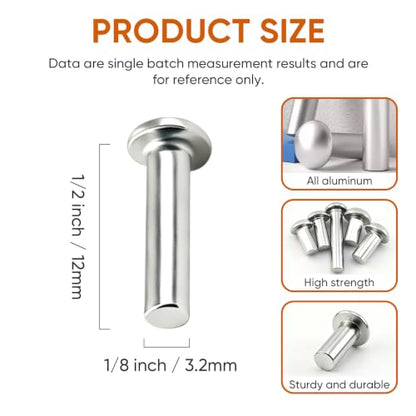 ALLCLEAN 1/8" Diameter X 1/2" Length Solid Aluminum Brazier Head Rivets,Aluminum Boat Rivets,Round/Dome Head Rivet,Pack of 350 - size: 1/8" x 1/2"
