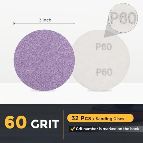 HARFINGTON 32 Pcs 3 Inch Sanding Disc 60 Grit Purple Aluminum Oxide - size: 3 Inch(60 Grit)