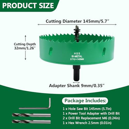 5.7 Inches/145mm Bi-Metal Hole Saw with Arbor & Pilot Bit - color: Green, size: 5.7 inches