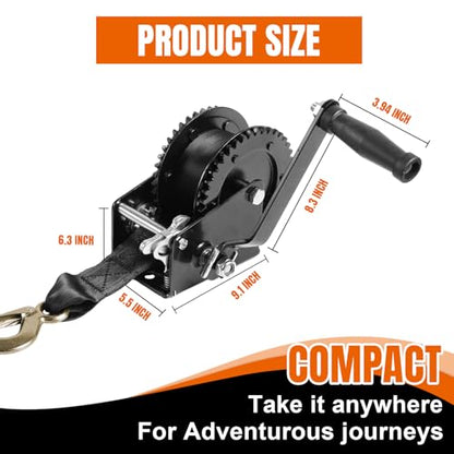 Jack Boss Hand Winch, 2000 lbs Pulling Capacity, Boat Trailer Winch Heavy Duty Rope Crank with 26.3 FT Polyester Strap, Manual Operated Hand Crank Winch for Trailer, Boat or ATV Towing - size: 2000 lbs