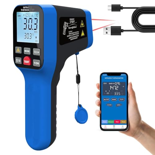 Non-Contact Infrared Thermometer Bluetooth, -50°F to 2912°F (-50°C to 1600°C) High Accuracy Laser Temperature Gun with Button for Cooking, HVAC, Industrial, Home and Automotive (Not for Human)