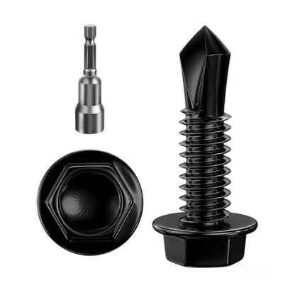 Wensilon (400Pcs) #8×1/2" Black Hex Washer Head Self Drilling Screws, 410 Stainless Steel Metal SheetScrews，TEK Screws, Sheet Metal Self Tapping Screws - color: Black, size: #8×1/2"