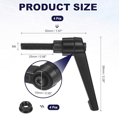 uxcell 4Pcs Adjustable Clamping Lever Handles, M6x25mm Zinc Alloy Male Thread Stud Knobs with Nuts Quick Release Bolt Rotating Screw Handles for Lathes Woodworking, Black - size: M6x25mm
