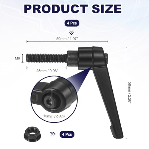 uxcell 4Pcs Adjustable Clamping Lever Handles, M6x25mm Zinc Alloy Male Thread Stud Knobs with Nuts Quick Release Bolt Rotating Screw Handles for Lathes Woodworking, Black - size: M6x25mm