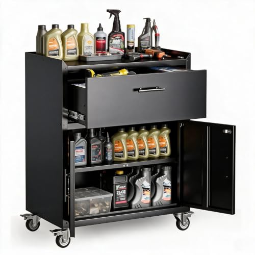 Metal Garage Storage Cabinet with Wheels, 35" H Black Large Capacity Rolling Tool Chest for Workshop, Garage, Cabinetry, 1 Drawer & 2 Locking Doors - size: 18.1"D x 30.3"W x 35.4"H