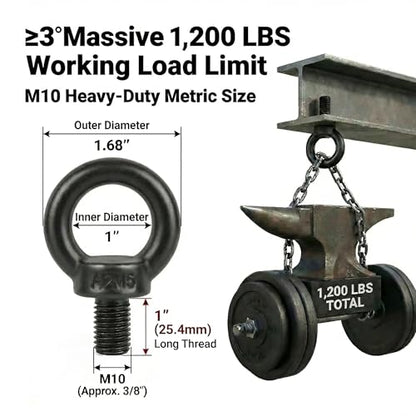 6 Pack M10 x 1" T316 Stainless Steel Eye Bolts with Nuts, Black Shouldered Lifting Eye Bolt Kit with Lock Washers (Approx 3/8" Thread Diameter), Heavy Duty Tie Down Anchor for Thick Wood - size: M10 x 1''