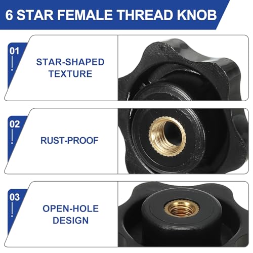 PATIKIL M6 x 38mm Thread Star Knobs, 4 Pcs 6 Star Knurled Tightening Screw Clamping Knob Handle for Umbrella Base Replacement, Black - color: Black, size: 6mm x 38mm