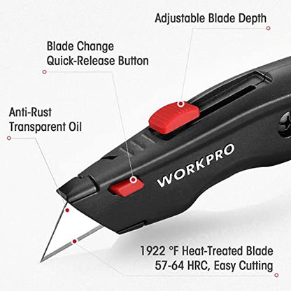 WORKPRO Premium Utility Knife, Retractable All Metal Heavy Duty Box Cutter, Quick Change Blade Razor Knife, with 10 Extra Blades - color: Black