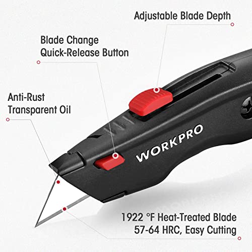 WORKPRO Premium Utility Knife, Retractable All Metal Heavy Duty Box Cutter, Quick Change Blade Razor Knife, with 10 Extra Blades - color: Black