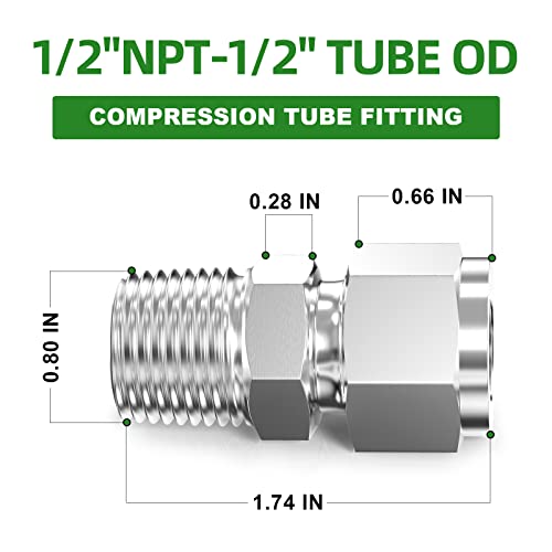 TAISHER 2PCS 304 Stainless Steel Compression Tube Pipe Fitting Connector, 1/2" Tube OD x 1/2" NPT Male Straight Adapter - size: 1/2" OD x 1/2" MNPT