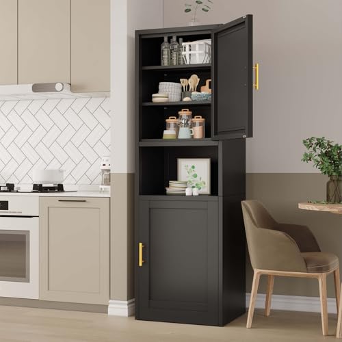 67" Tall Narrow Bathroom Storage Cabinet, Metal Pantry Cabinet, Black - color: Black, size: 15.8"D x 19.7"W x 67"H