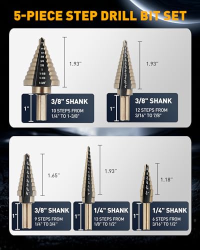 COMOWARE Step Drill Bit Set & Automatic Center Punch- Black and Gold, Double Cutting Blades, High Speed Steel, Short Length Drill Bits Set of 5 pcs, Total 50 Sizes with Aluminum Case - size: Black & Gold 5pcs