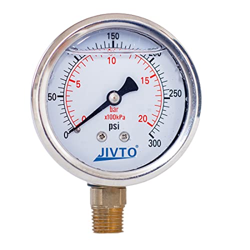 Pressure Gauge,Glycerin Liquid Filled,2" Dual Scale Dia,0-300 psi/bar/kpa,1/4" NPT Brass Connection,Lower Mount, Stainless Steel Case,for Air Compressor,Pump,Tube,Valve,Gas Air Water Oil Test - size: 0-300 psi