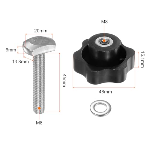 HARFINGTON 5Set T Track Bolts Knob Kit M8 x 45mm Threaded Bolts M8 x 48mm Hex Hand Nut Clamping Knob with Washer for Woodworking Jigs and Fixtures, Black - color: Black, size: M8 x 45mm/M8 x 48mm