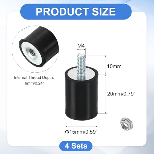 uxcell M4 Rubber Mounts, 4Pcs 15x20mm(DxH) Rubber Cylindrical Anti Vibration Isolator Shock Absorber with Lock Nut for Car Bobbin Generator Air Compressors - size: M4x10mm, 15x20mm Rubber