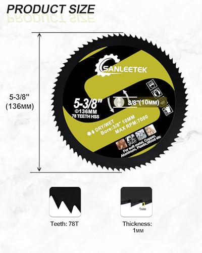 HSS Circular Saw Blade 5-3/8 Inch 78 Tooth SANLEETEK Cutting Plywood, OSB, Paneling, Vinyl Siding, Non-Ferrous Metals, Plastic Products, Copper, Aluminum with 3/8" (10mm) Arbor - 4 Pack - size: 5-3/8" 78T