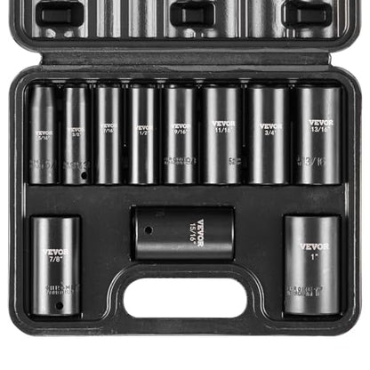 VEVOR 3/8" Drive Impact Socket Set, 11 Piece Deep Socket Set SAE 5/16"-1", 6 Point CR-V Alloy Steel for Auto Repair, Easy-to-Read Size Markings, Rugged Construction, Includes Storage Case - size: 3/8" 11PCS