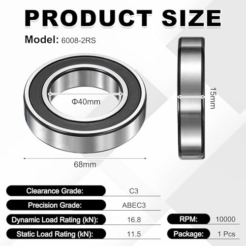 uxcell 1Pcs 6008-2RS Deep Groove Ball Bearings, 40x68x15 mm High Speed Double Rubber Seal Bearings Pre-Lubricated and Stable for Industrial Machinery Repairs 3D Project - size: 6008-2RS(40x68x15 mm)