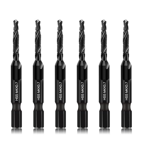 DKIBBITH 6 Packs M4 Combination Drill & Taps Bit Set, Screw Threading Tapping Tools in Size M4*0.7 with Anti-Rust Black Coating, 1/4" Hex Shank and Storage Case - size: M4x0.7