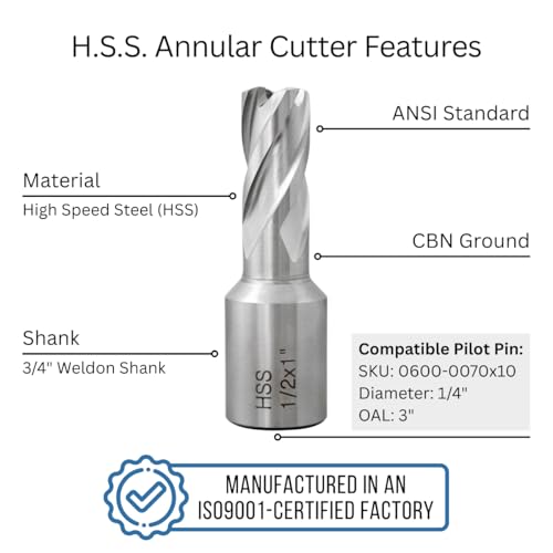 Accusize HSS Annular Cutter 1/2 x 1 in Cutting Depth, 3/4" Weldon Shank - size: Dia of Cut: 1/2 in., 3/4 in. Weldon Shank