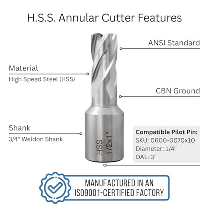 Accusize HSS Annular Cutter 1/2 x 1 in Cutting Depth, 3/4" Weldon Shank - size: Dia of Cut: 1/2 in., 3/4 in. Weldon Shank