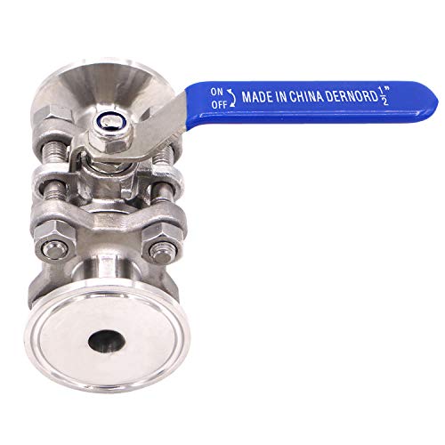 DERNORD Sanitary Ball Valve Fits 1.5" Tri-Clamp Clover Stainless Steel 304, PTFE Lined, Two Way & Three Piece (0.5 Inch Tube OD Quick Clamp) - size: 1/2 Inch Tube OD Quick Clamp
