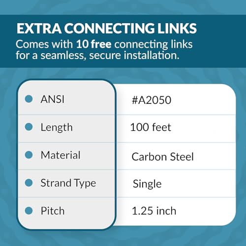 PGN A2050 Conveyor Roller Chain x 100 Feet + 10 Connecting Links